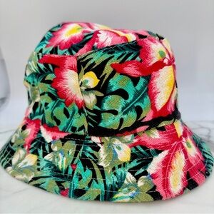 Hawaiian Bucket Hat Tropical Reversible Solid Black Cotton Blend Unisex Packable